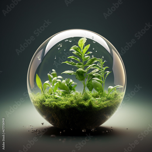 A hyper-realistic sphere depicting the Earth. In the sphere, there is soil from which light green sprouts are breaking out. photo