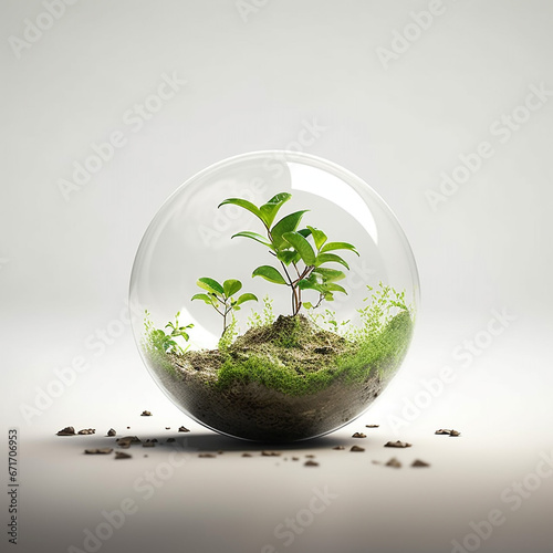 A hyper-realistic sphere depicting the Earth. In the sphere, there is soil from which light green sprouts are breaking out. photo