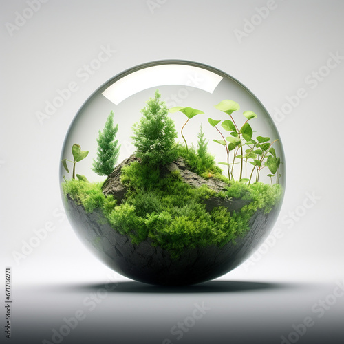 A hyper-realistic sphere depicting the Earth. In the sphere  there is soil from which light green sprouts are breaking out.