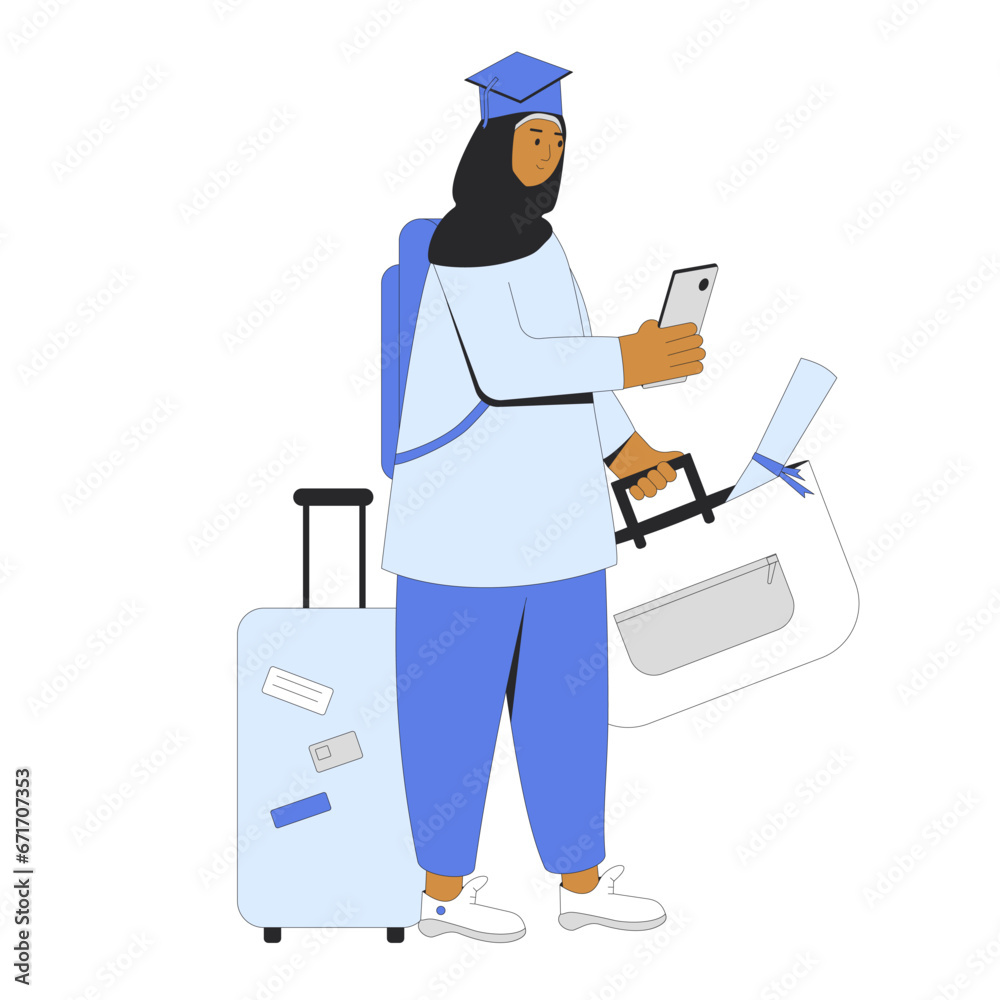 Young female graduate in hijab with phone travel bags.
