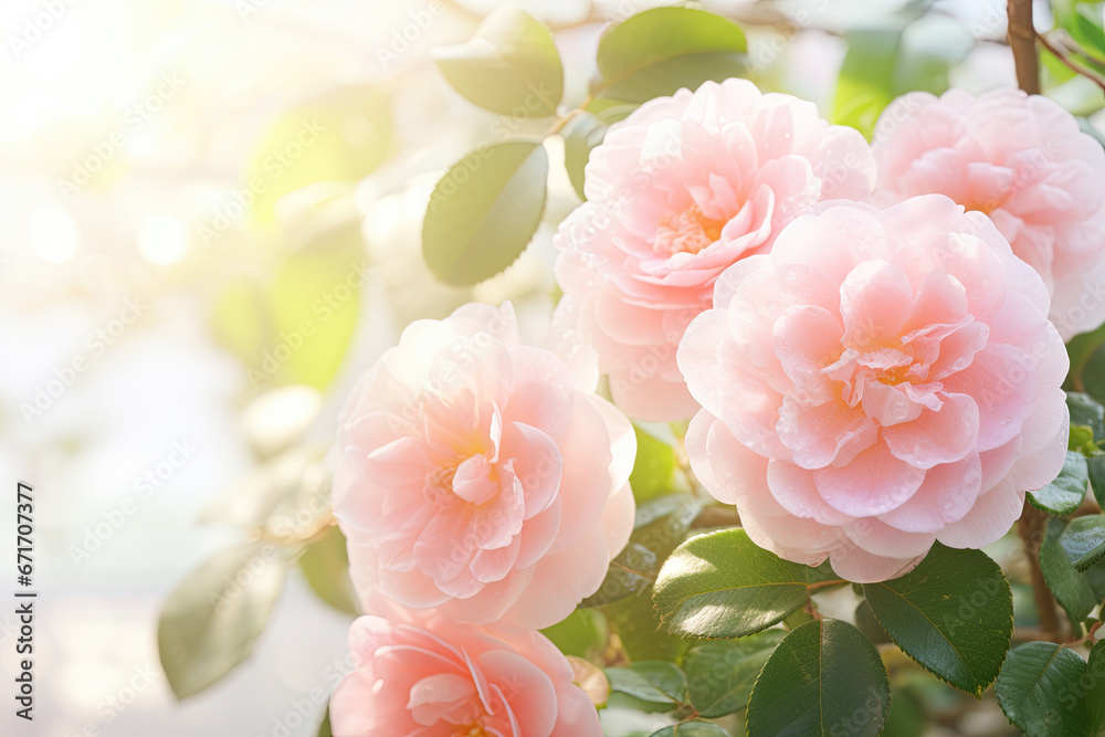 Rose camellia flowers card print  - obrazy, fototapety, plakaty 