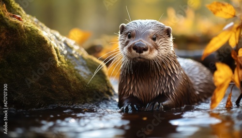 Photo of Close Up of a Drenched Otter with Glistening Fur Reflecting in Blue Waters