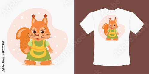 Children's T-shirt with a cute cartoon squirrel wearing a housewife's apron. Drawing of a cartoon squirrel on a T-shirt. Print for clothes. Illustration, vector