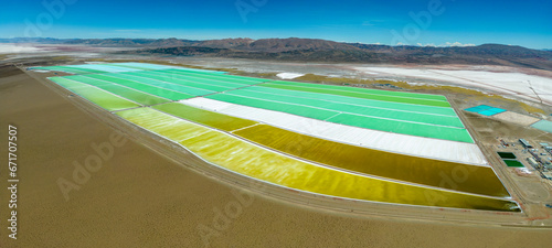 Aerial view of lithium fields / evaporation ponds in the highlands of northern Argentina, South America - a surreal, colorful landscape where batteries are born