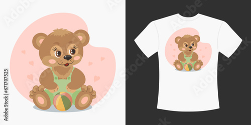 Children's T-shirt with a cute cartoon teddy bear. Drawing of a cartoon bear on a T-shirt. Print for clothes. Illustration, vector
