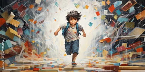 Curious and happy kid runs through books. Education school concept