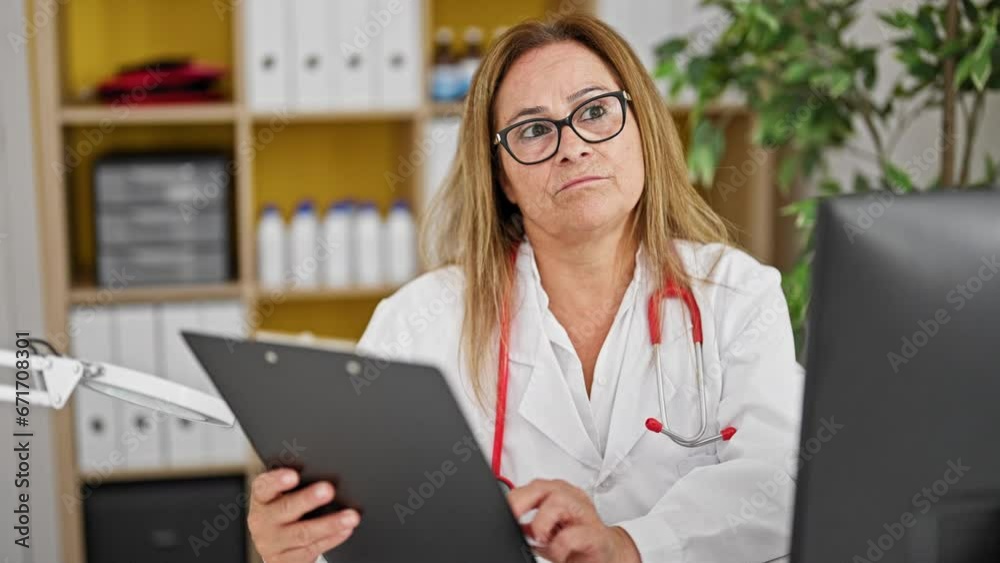 Middle age hispanic woman doctor using computer reading medical report speaking at the clinic Middle age hispanic woman doctor using computer reading medical report speaking at the clinic
