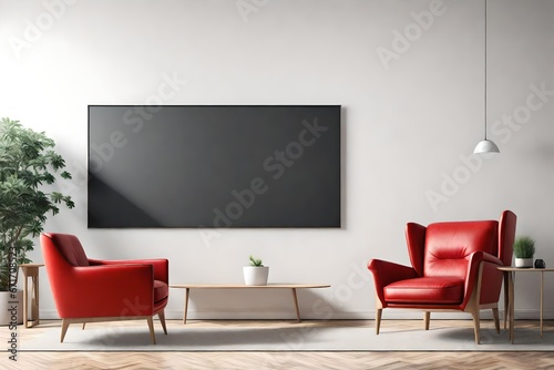 Mockup a TV wall mounted with red armchair in living room 