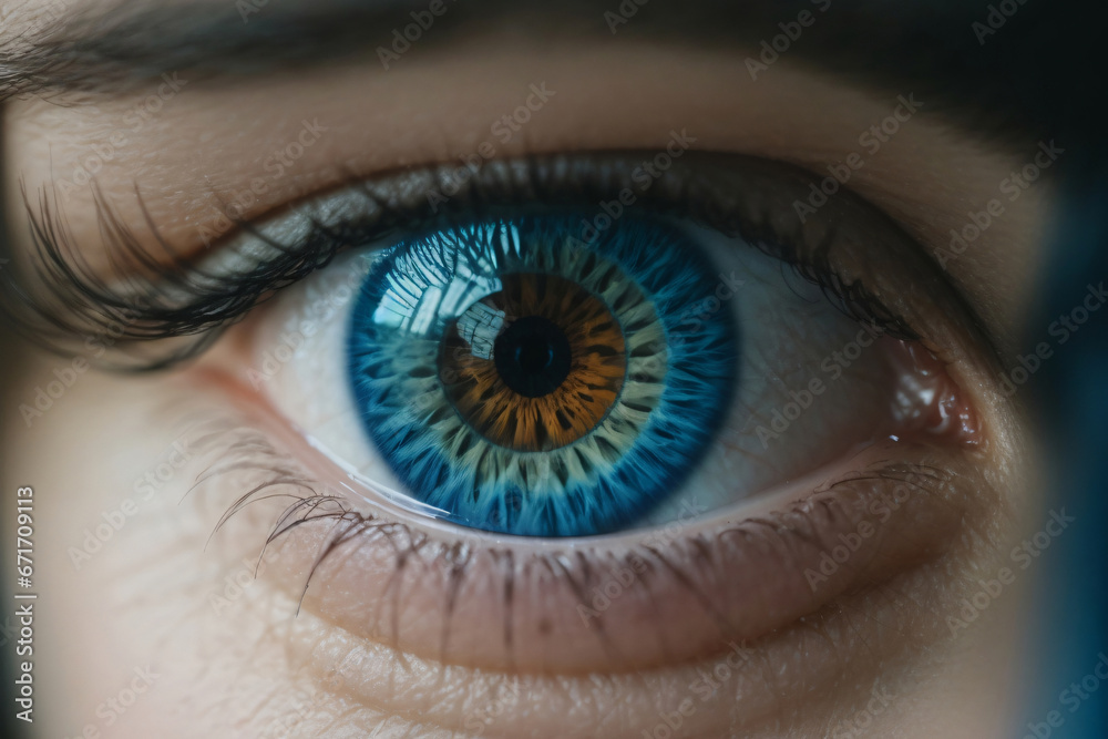 Fototapeta premium Macro image of human blue eye Generative AI