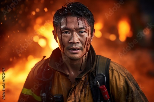 Asian Man Fire Fighter Lifestyle Backdrop Generative AI © Johnathan