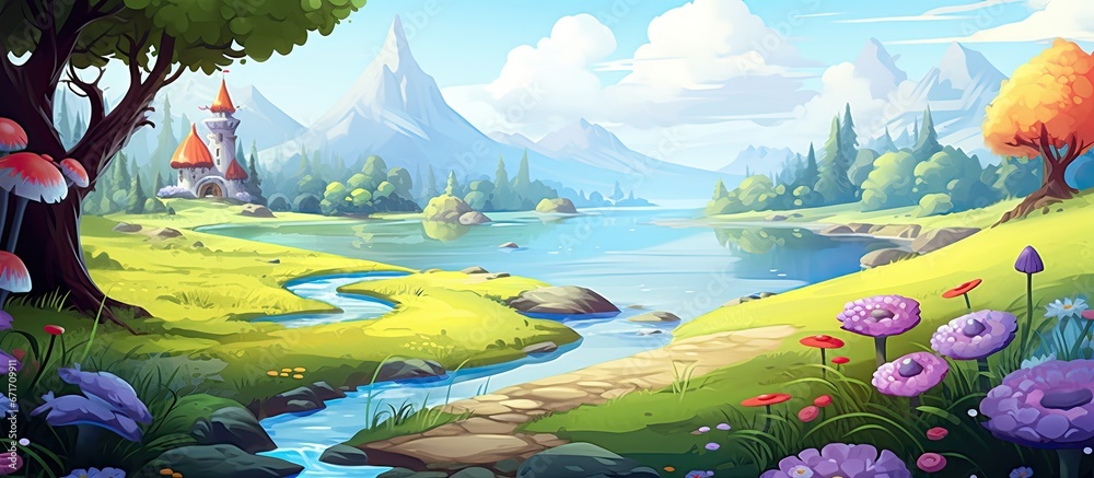 Fototapeta premium Fairy garden and lake illustration for games or books with a magical theme