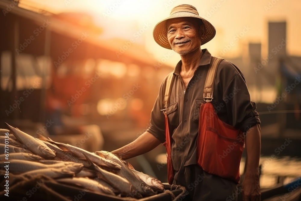 Asian Male Fisherman Job Attractive Backdrop Generative AI