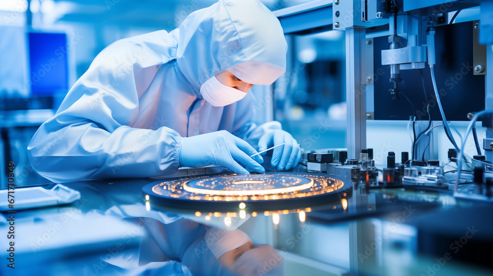 semiconductor worker performing inspection of silicon wafers - obrazy, fototapety, plakaty 