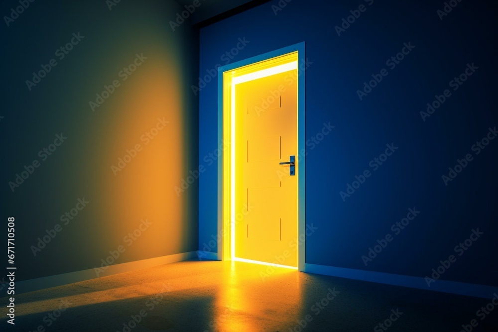 Yellow light passes through open door on blue background, symbolizing opportunity in modern architecture. Generative AI