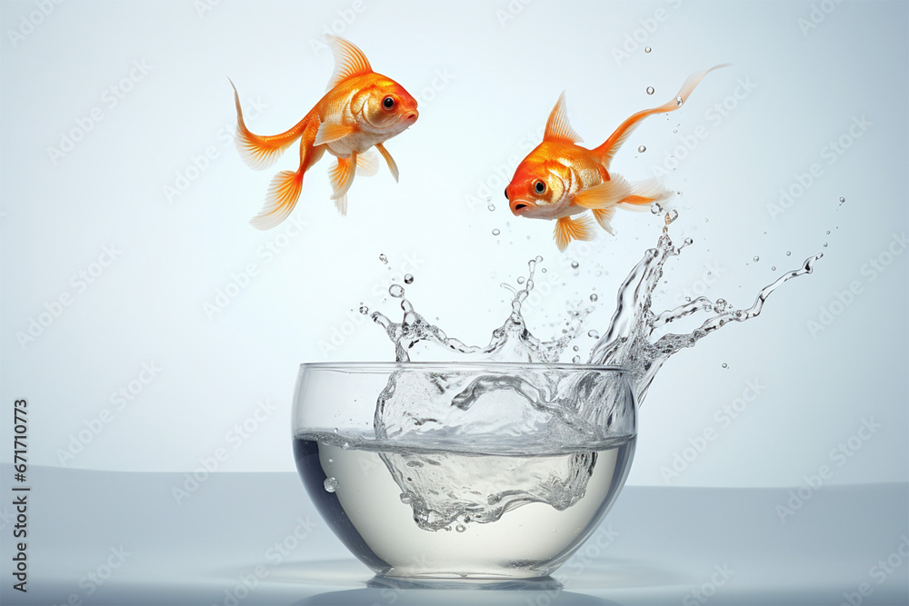 two goldfish jumping into a glass bowl