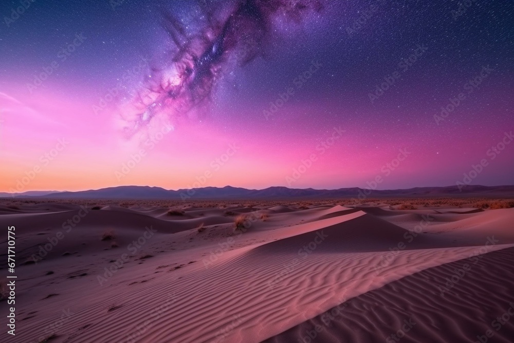 Scenic twilight view of sandy desert dunes under a scenic pink gradient starry night sky. Generative AI