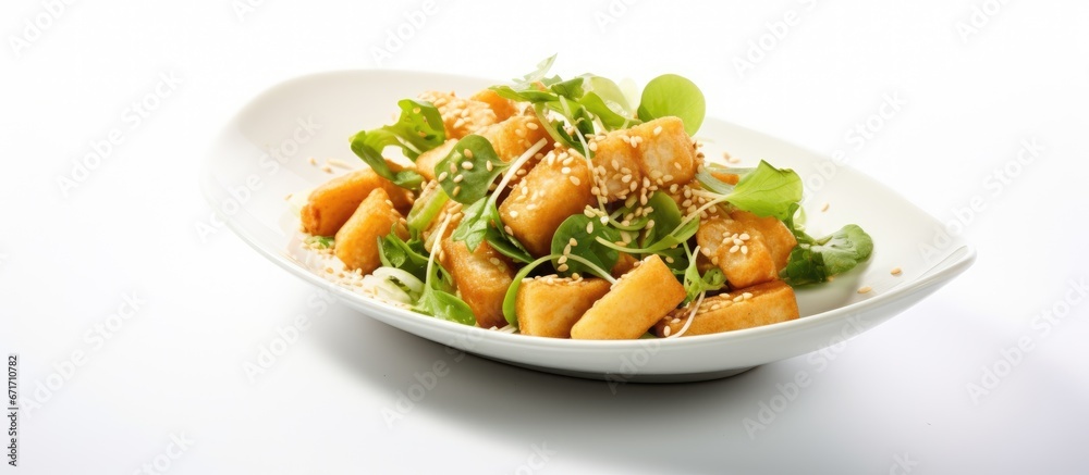 Baby corn salad served on a white plate with a sesame sauce Baby corn salad served on a white plate with a sesame sauce