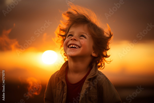sunset portrait of a happy laughing child, happiness © Stefano