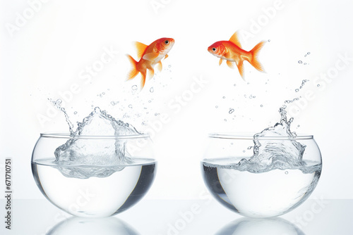 two goldfish jumping from one glass bowl to another