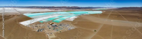 Panorama view of lithium fields / evaporation ponds in the highlands of northern Argentina, South America - a surreal, colorful landscape where batteries are born