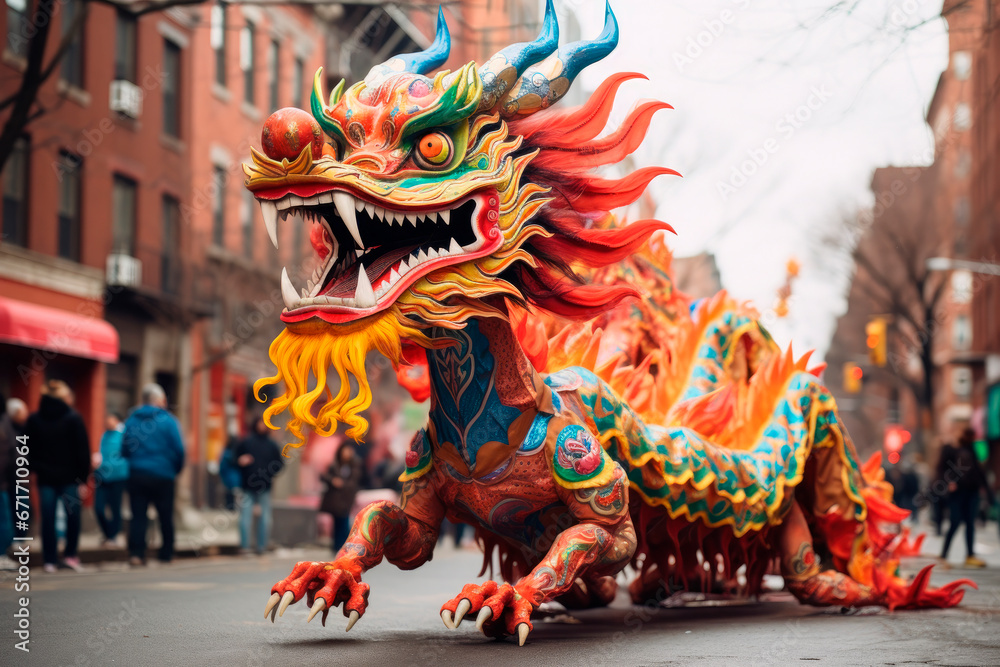 Typical Chinese dragon in the street. Worn by dancers in Chinese New Year celebration