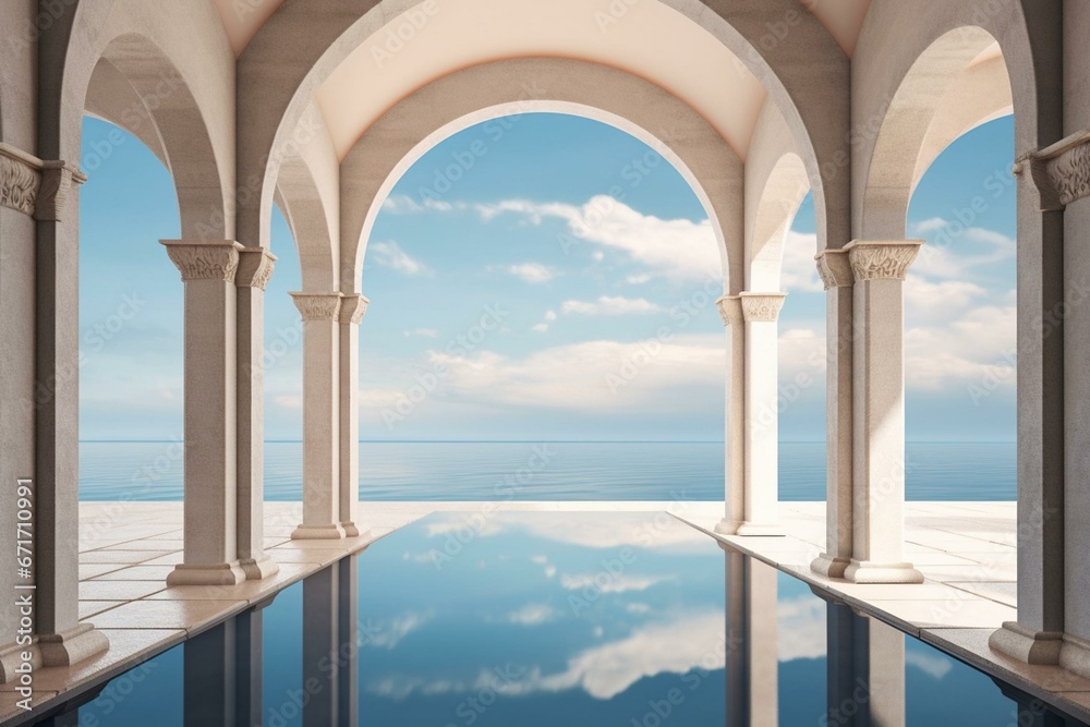 An idyllic scene of the North Sea with tranquil water, sharp symmetrical arches, and a soft sky. Generative AI