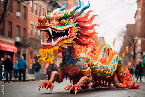 Typical Chinese dragon in the street. Worn by dancers in Chinese New Year celebration