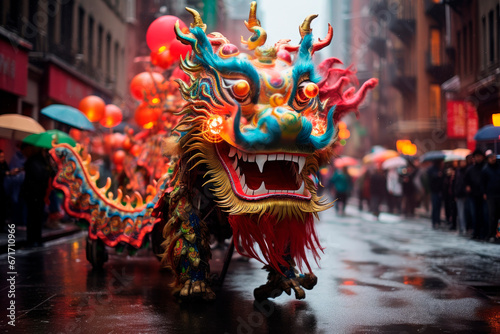 Typical Chinese dragon in the street. Worn by dancers in Chinese New Year celebration