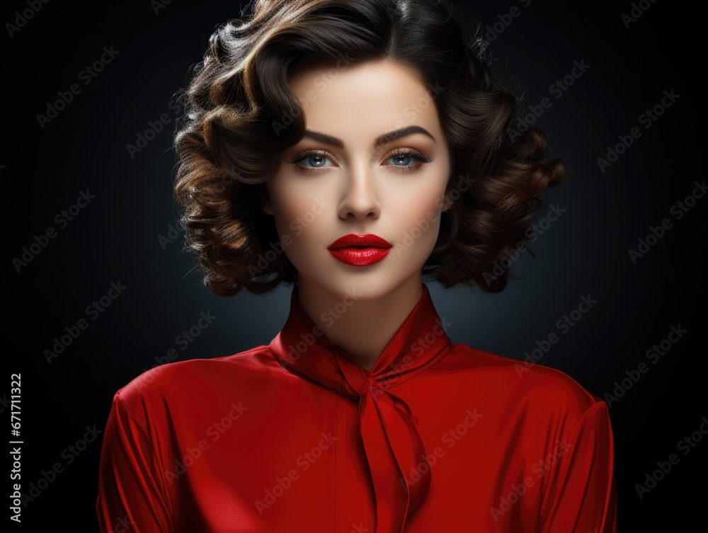 a model in red is sitting in a chair