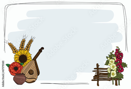 Cartoon template with text frame for power point presentation in Ukrainian style with a set of elements