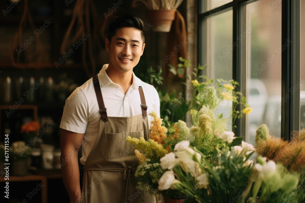 Asian Man Florist Employment Professional Backdrop Generative AI