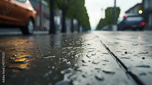 The sound of rain hitting the pavement  with no one in sight