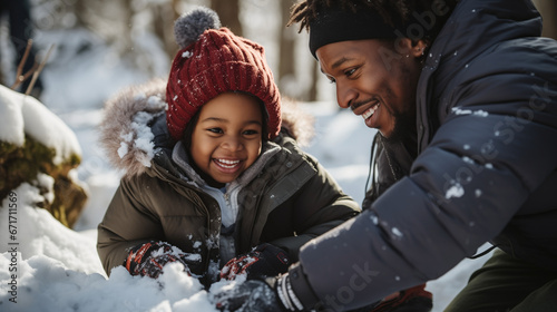 African American Black Family playing in snow at winter Christmas holiday season all smiles and love with daughter father child and parent, close up in winter clothes cold building snow man photo