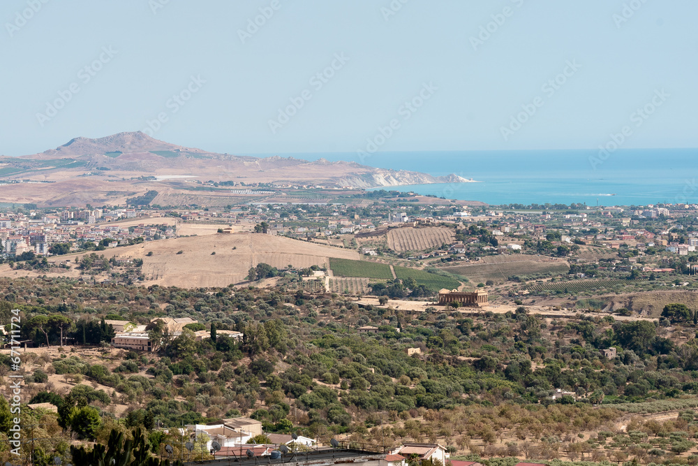 Panoramic view of Agrigento, Sicily, Italy. Sea on background