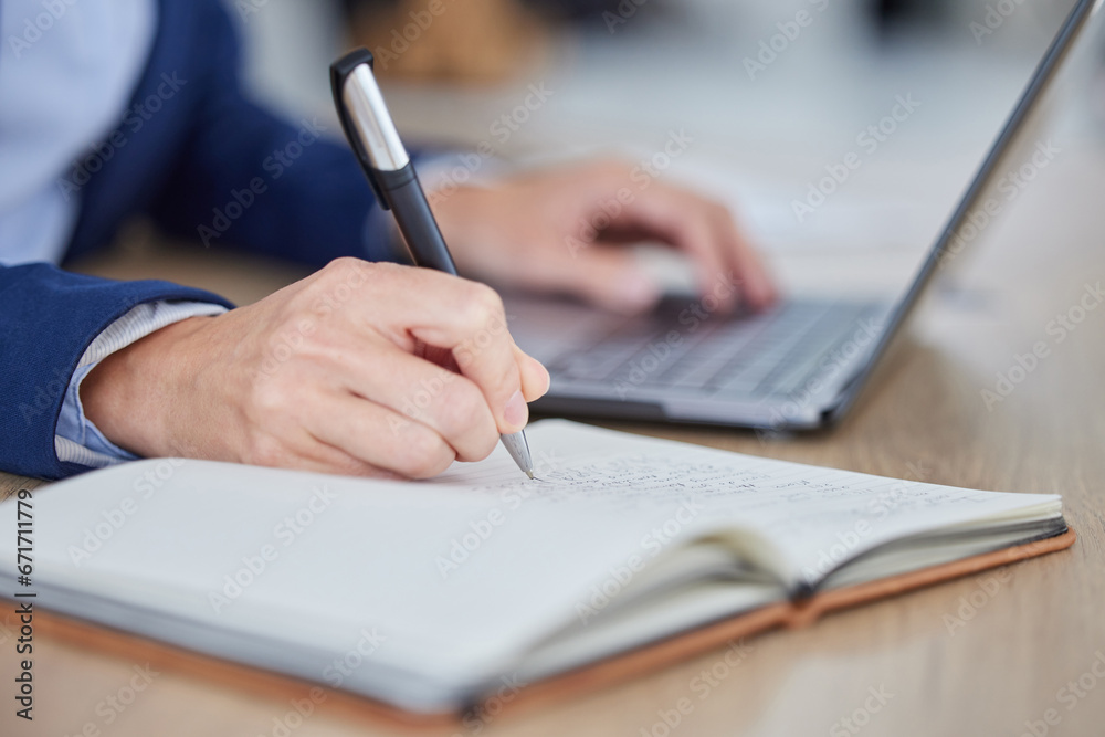 Typing, reading and writing business man working with a notebook, office computer and journal. Hands closeup of a finance worker multitasking and planning a company project or client strategy Typing, reading and writing business man working with a notebook, office computer and journal. Hands closeup of a finance worker multitasking and planning a company project or client strategy