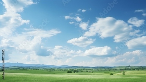 a beautiful cloudy blue sky with green field