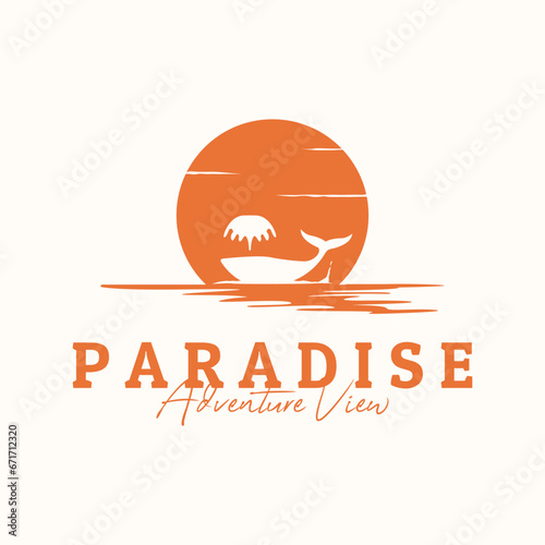 nature view of ocean vintage logo vector minimalist illustration design, paradise ocean logo design
