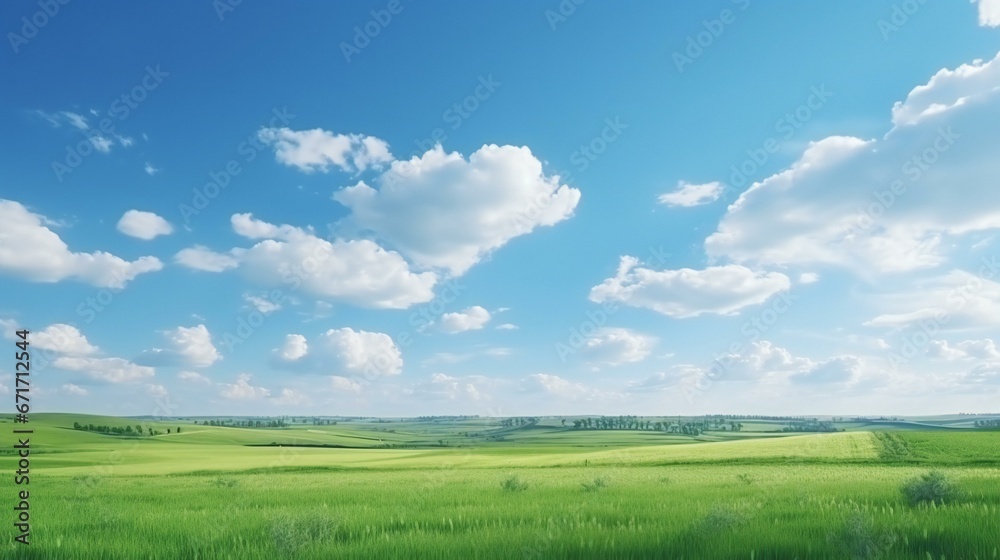 a beautiful cloudy blue sky with green field