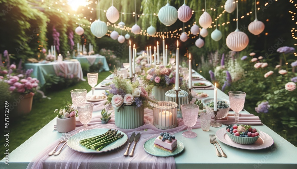 A vibrant vegan feast adorned the whimsical table, adorned with colorful tableware, a stunning centrepiece, and a delicate flower-filled tablecloth, as a flickering candle cast a warm glow over dishe - obrazy, fototapety, plakaty 