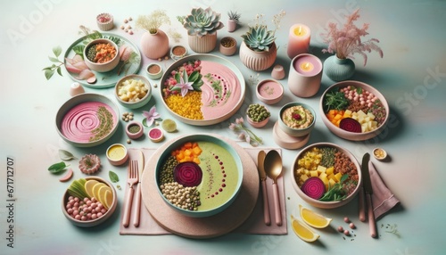 A vibrant and diverse spread of plant-based dishes adorn the porcelain tableware  creating a mouth-watering feast for the senses