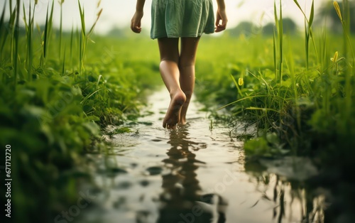 A barefoot little girl standing on lush green grass, connecting with nature in the countryside. photo
