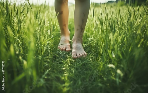 A barefoot little girl standing on lush green grass, connecting with nature in the countryside.