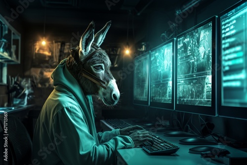 a donkey sitting in front of computer screens and working on codes or cyber security tasks. Generative AI