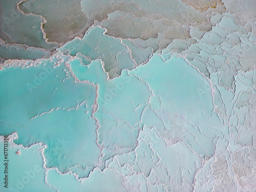 Aerial close up of lithium fields / evaporation ponds in the highlands of northern Argentina, South America - a surreal landscape where batteries are born