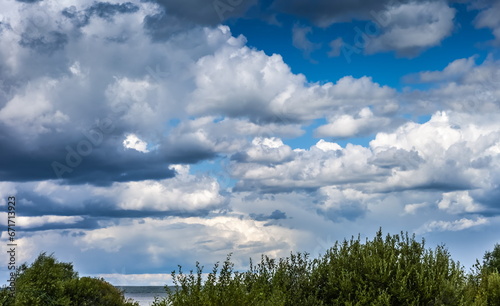 White clouds in a blue sky and treetops in summer