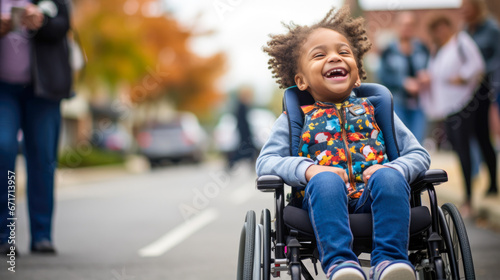 Little girl sitting in a wheelchair smiling and laughing.