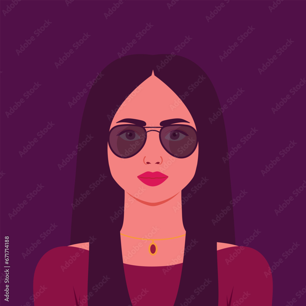 Beautiful woman in sunglasses. Portrait or an avatar of a girl in glasses. Vector illustration Beautiful woman in sunglasses. Portrait or an avatar of a girl in glasses. Vector illustration