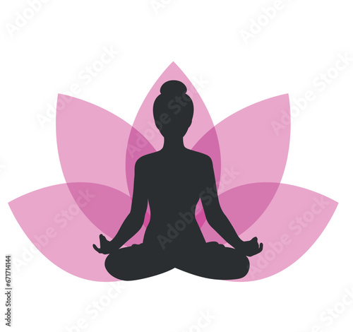 Silhouette of a woman sitting in lotus position on lotus flower background. Girl doing yoga and meditating. Meditation and healthy lifestyle. Vector illustration