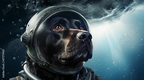 AI generated illustration of an adorable Golden Retriever pup in an astronaut suit in space