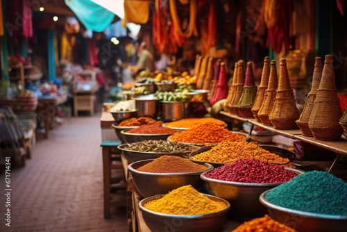 Vibrant Indian marketplace with colorful fabrics and aromatic spices. Market stalls, cultural diversity, sensory journey, exotic bazaar.
